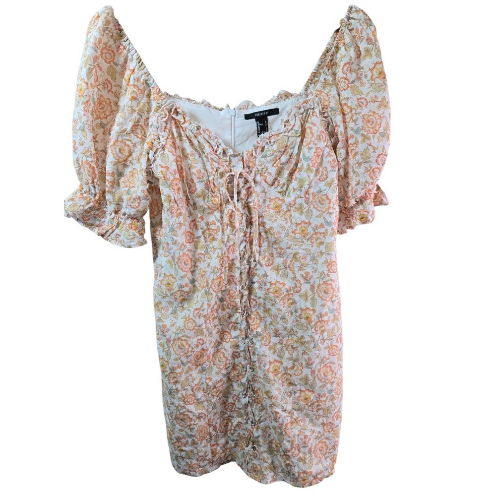 Forever 21 Floral Puff Sleeve Lace Up Mini Dress Women's Size L Cream Orange - Picture 2 of 7
